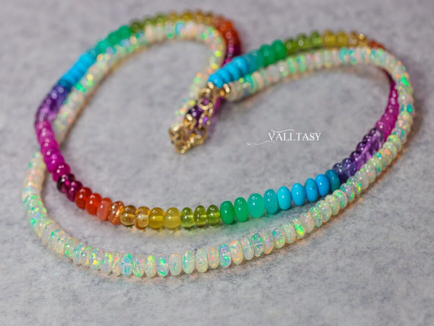 Solid Gold 14K Double Rainbow and Opal Necklace, Multi Strand Colorful Beaded Necklace with Welo Opals