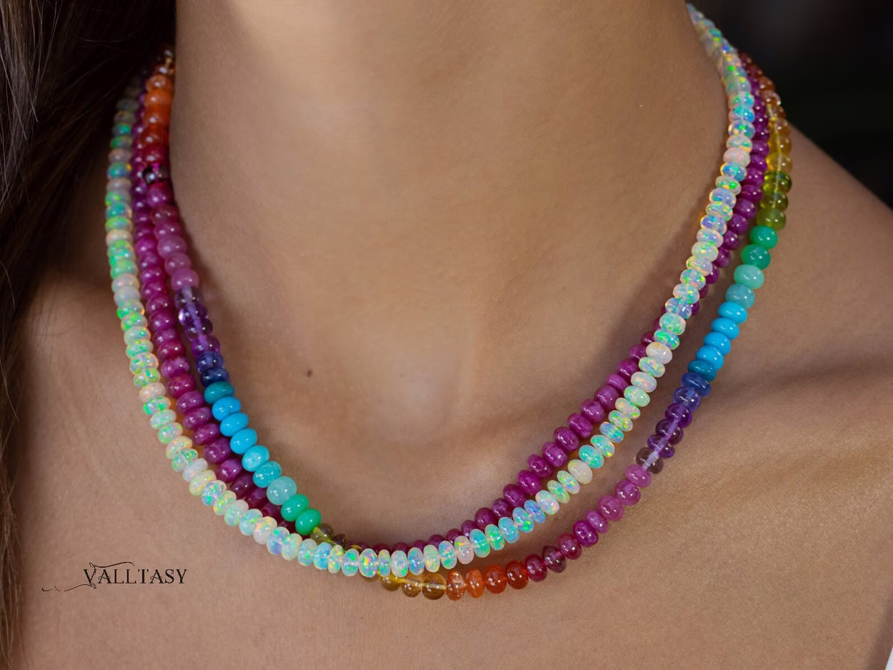 Solid Gold 14K Double Rainbow and Opal Necklace, Multi Strand Colorful Beaded Necklace with Welo Opals