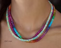 Solid Gold 14K Double Rainbow and Opal Necklace, Multi Strand Colorful Beaded Necklace with Welo Opals