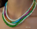 Solid Gold 14K Double Tsavorite and Opal Necklace, Multi Strand Green Garnet Beaded Necklace with Welo Opals