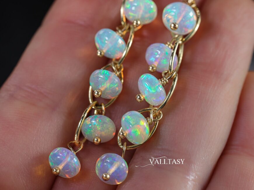 Solid Gold 14K Ethiopian Opal Dangle Earrings, Ethiopian Opal Earrings in 14K Gold