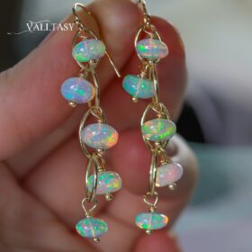 On the Edge Earrings – Solid Gold 14K Ethiopian Opal Dangle Earrings, Ethiopian Opal Earrings in 14K Gold