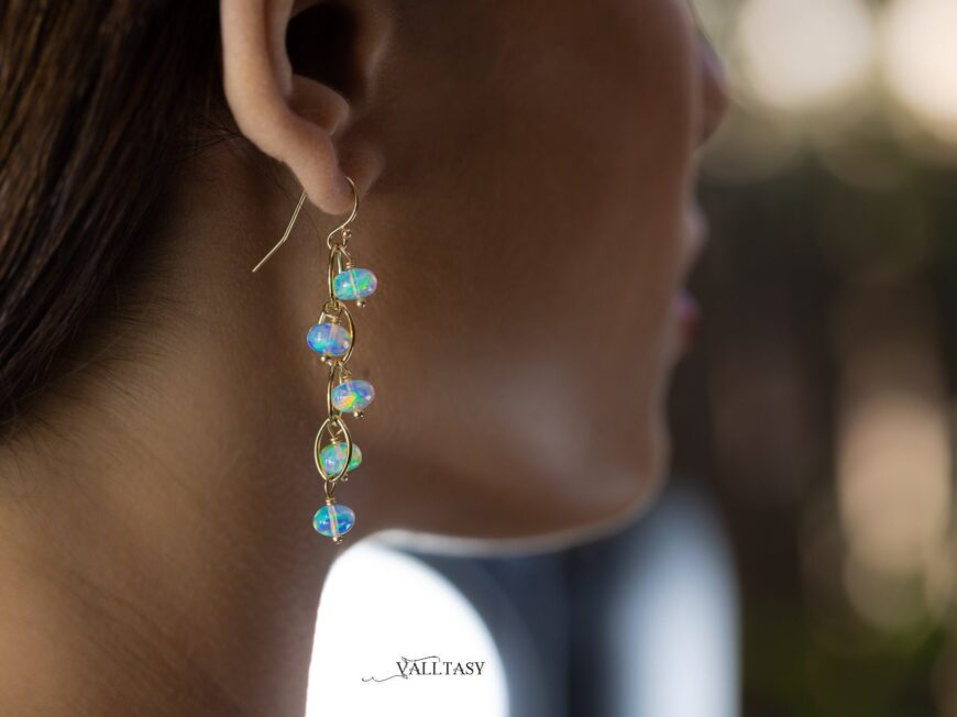 Solid Gold 14K Ethiopian Opal Dangle Earrings, Ethiopian Opal Earrings in 14K Gold