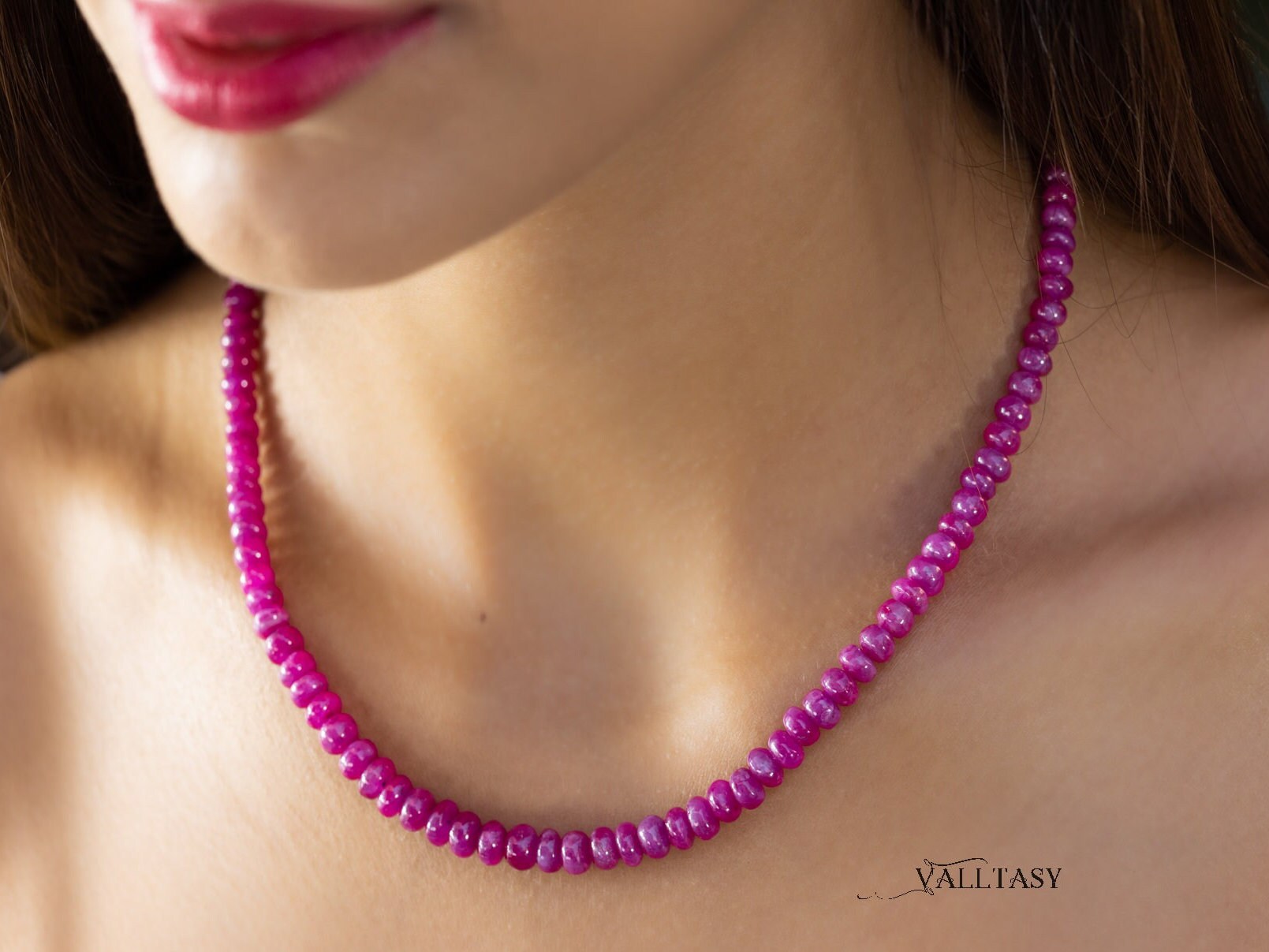 Solid Gold 14K Mogok Ruby Necklace, Genuine Pink Ruby Gemstone Beaded Necklace