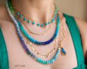 Turquoise Emerald Necklace in 14K Solid Gold, Aqua Blue green Gemstone Beaded Necklace