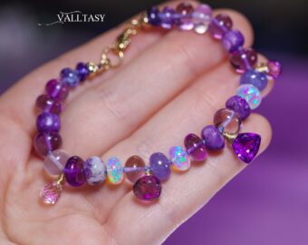 Solid Gold 14K Silk Knotted Bracelet with Opals and Amethyst and Tanzanite