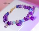 Solid Gold 14K Silk Knotted Bracelet with Opals and Amethyst and Tanzanite