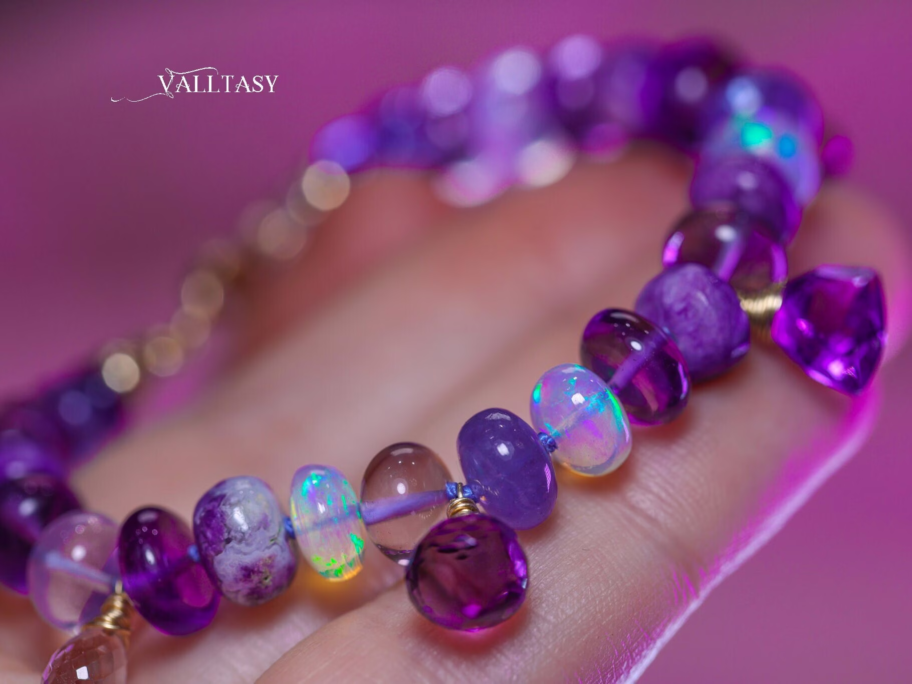 - Solid Gold 14K Silk Knotted Bracelet with Opals and Amethyst and Tanzanite