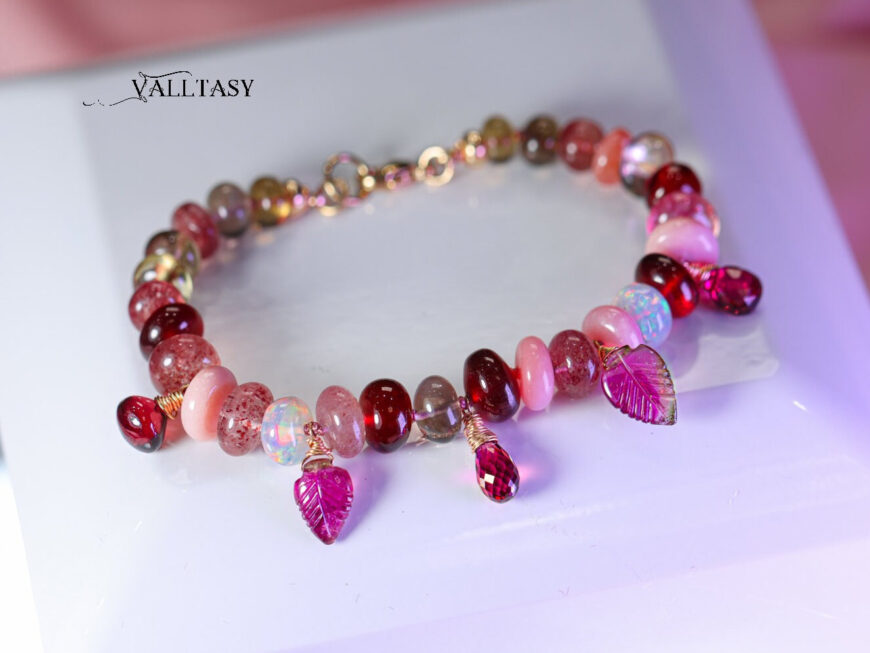 Solid Gold 14K Silk Knotted Bracelet with Opals and Tourmaline, Peach, Cocoa and Pink Gemstones
