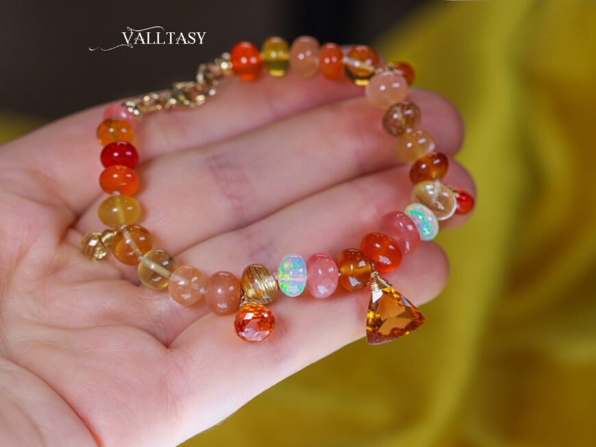 Solid Gold 14K Spicy Silk Knotted Bracelet with Opals and Peach, Yellow Orange Gemstones