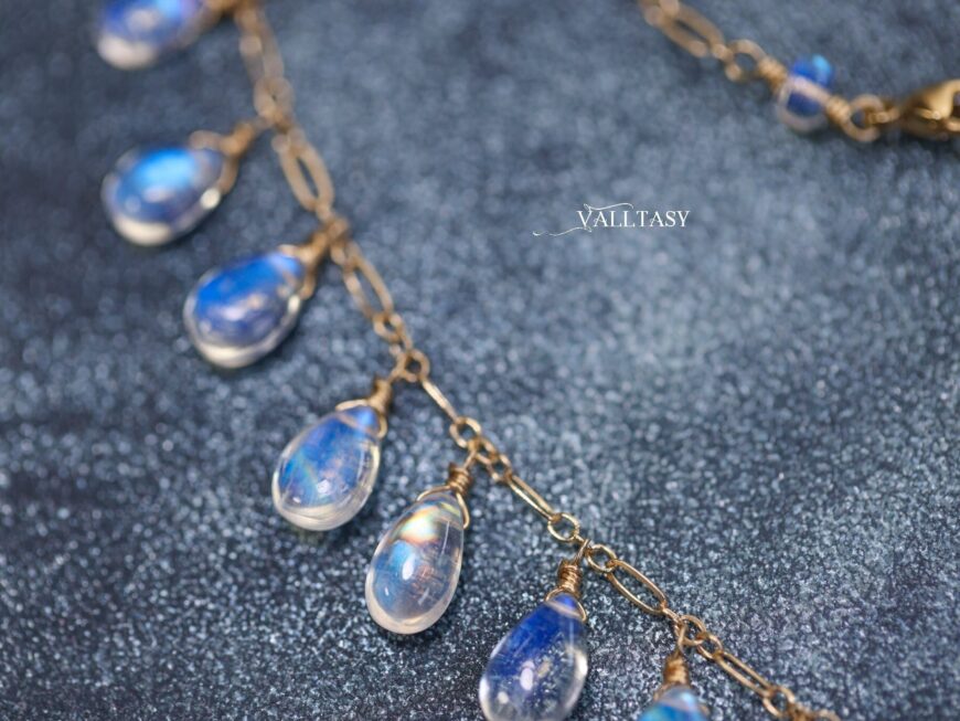 14K Solid Gold Rainbow Moonstone Necklace, Deep Blue Fire Moonstone Drop Necklace