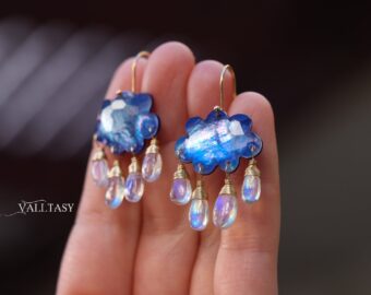 Solid Gold 14K Cloud Moonstone Earrings, Unique Earrings Design