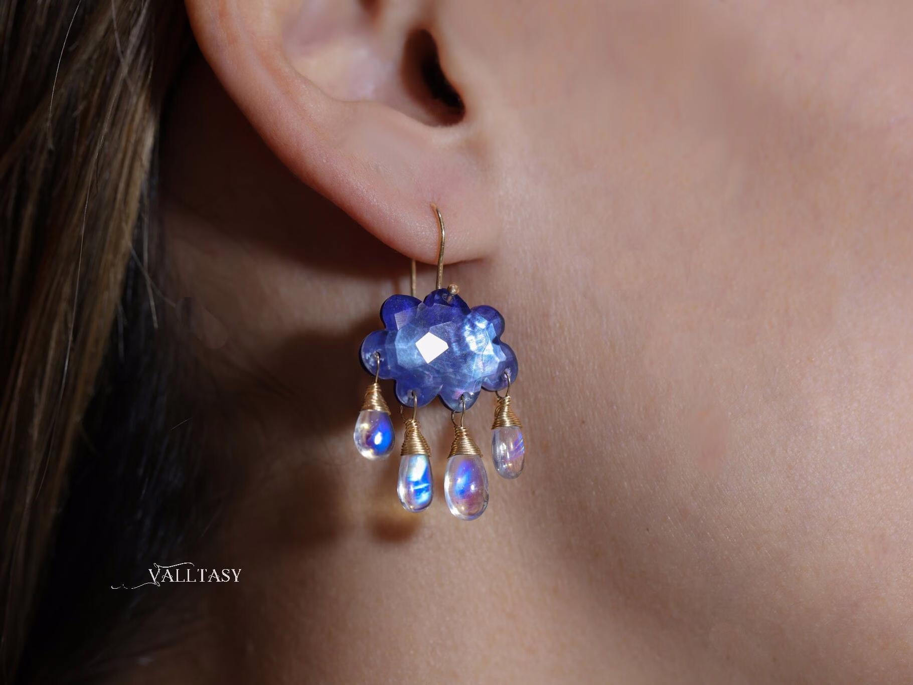 - Solid Gold 14K Cloud Moonstone Earrings, Unique Earrings Design