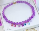 Solid Gold 14K Silk Knotted Multi Charm Gemstone Amethyst Necklace, One of a Kind