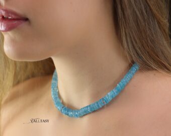 Aquamarine Necklace in 14K Solid Gold, Genuine Aquamarine and Blue Topaz Beaded Necklace