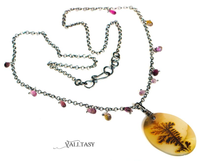 Dendritic Agate with Purple and Pink Spinel, Statement Necklace in Oxidized Silver, One of a Kind