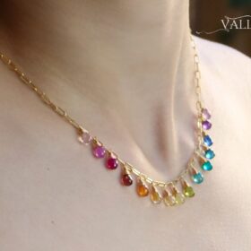 The Lost Paradise Necklace – Rainbow Precious Drop Gemstone Necklace, Colorful Necklace with a Paperclip Chain