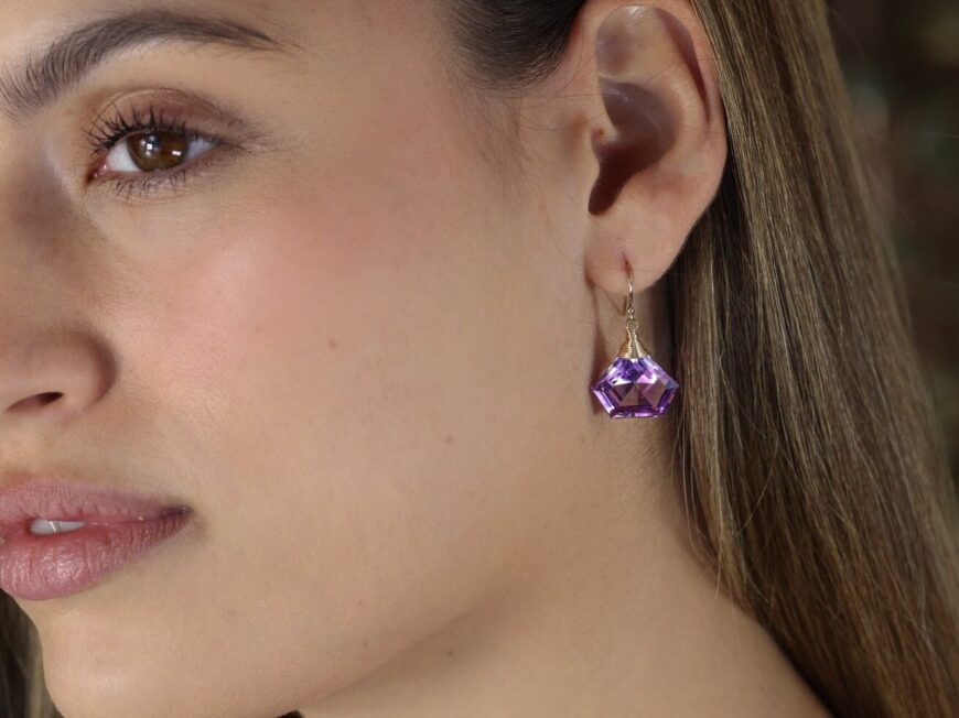 Solid Gold 14K Fancy Shaped Pink Amethyst Earrings