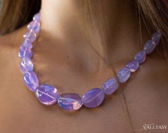 Solid Gold 14K Lavender Quartz Necklace, Genuine Lavender Moon Quartz Gemstone Beaded Necklace