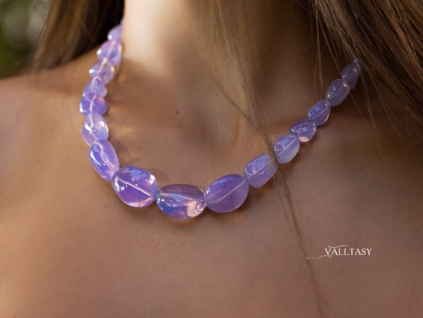 Solid Gold 14K Lavender Quartz Necklace, Genuine Lavender Moon Quartz Gemstone Beaded Necklace