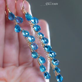 The Long Azure Cascade Earrings – Solid Gold 14K Long Swiss Blue Topaz Earrings, Statement Blue Gemstone Drop Earrings