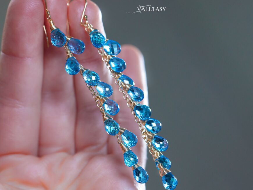 Solid Gold 14K Long Swiss Blue Topaz Earrings, Statement Blue Gemstone Drop Earrings