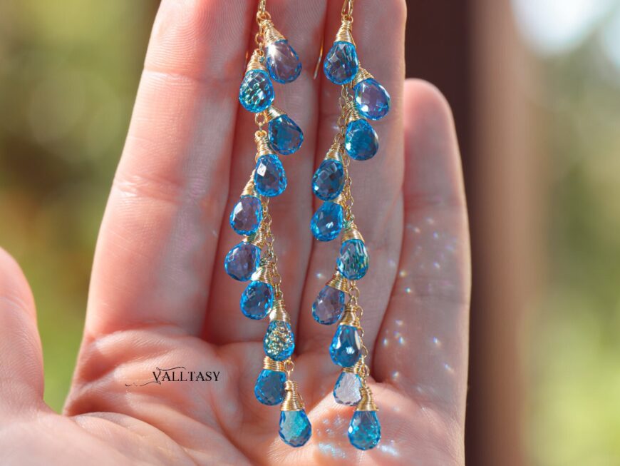 Solid Gold 14K Long Swiss Blue Topaz Earrings, Statement Blue Gemstone Drop Earrings