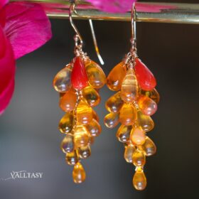 The Sun Burst Earrings – Solid Gold 14K Mexican Fire Opal and Coral Earrings, Cluster Orange Gemstone Earrings