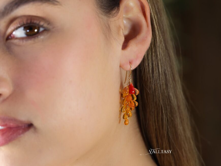 Solid Gold 14K Mexican Fire Opal and Coral Earrings, Cluster Orange Gemstone Earrings