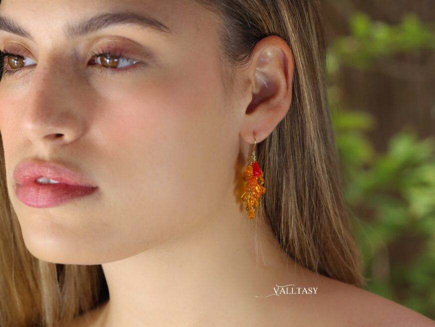 Solid Gold 14K Mexican Fire Opal and Coral Earrings, Cluster Orange Gemstone Earrings