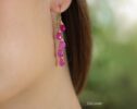 Solid Gold 14K Pink Sapphire Earrings, Pink Gemstone Drop Earrings