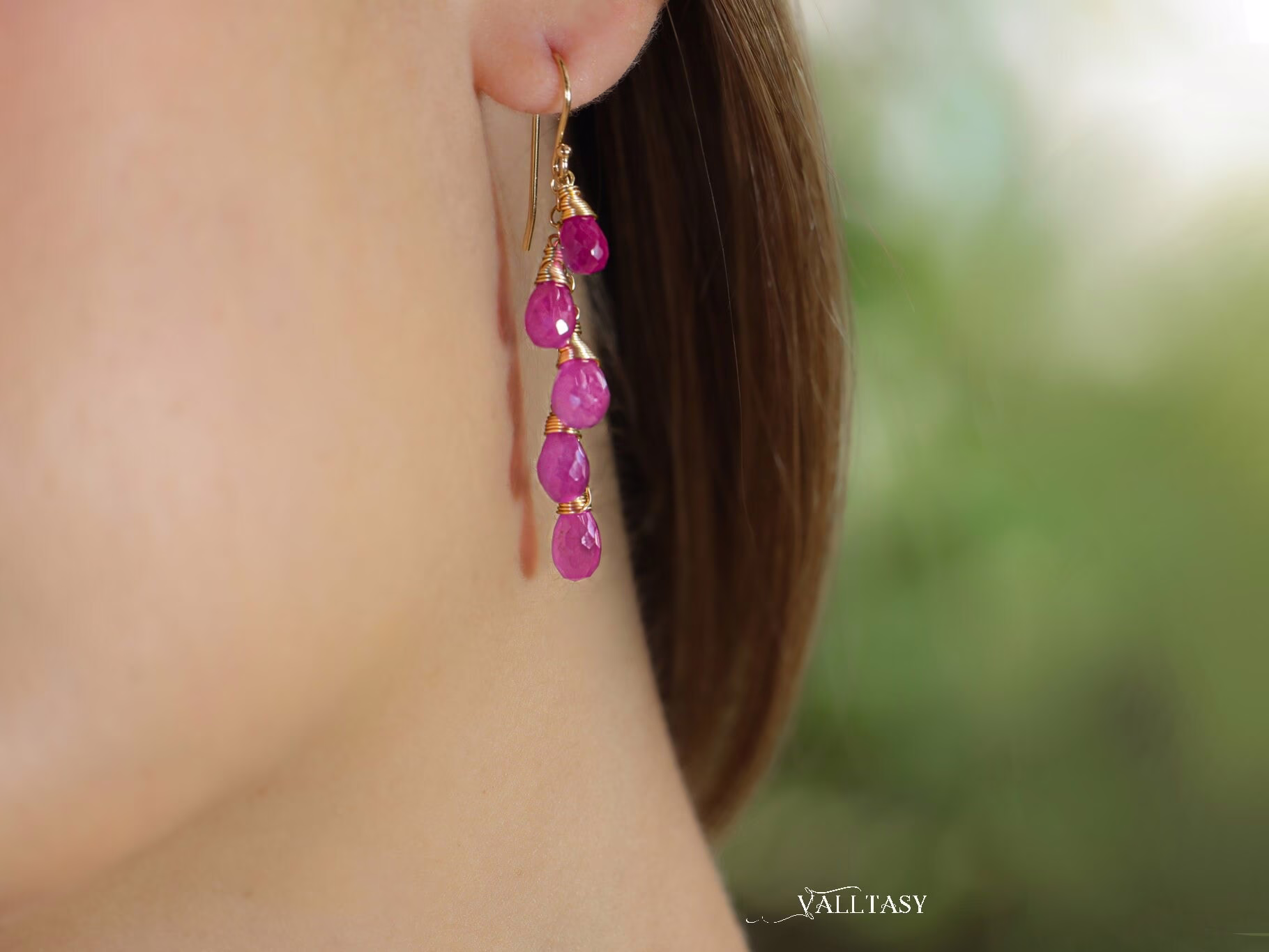 - Solid Gold 14K Pink Sapphire Earrings, Pink Gemstone Drop Earrings