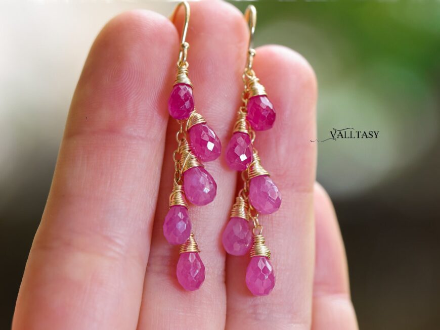 Solid Gold 14K Pink Sapphire Earrings, Pink Gemstone Drop Earrings