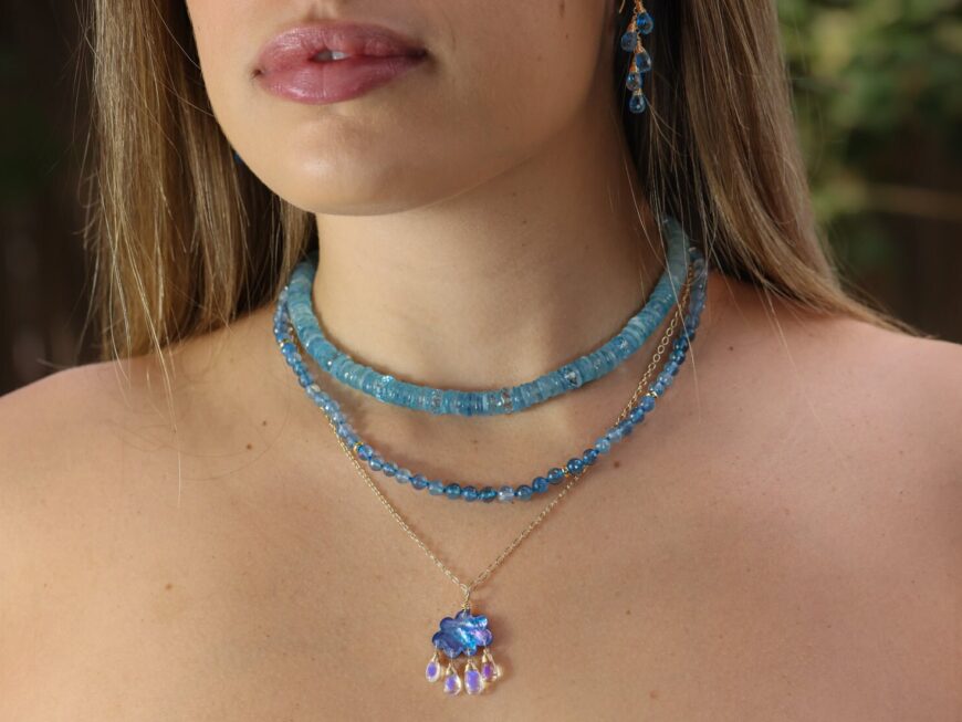 Solid Gold 14K Silk Knotted Aquamarine Necklace, Layering Blue Gemstone Necklace, One of a Kind