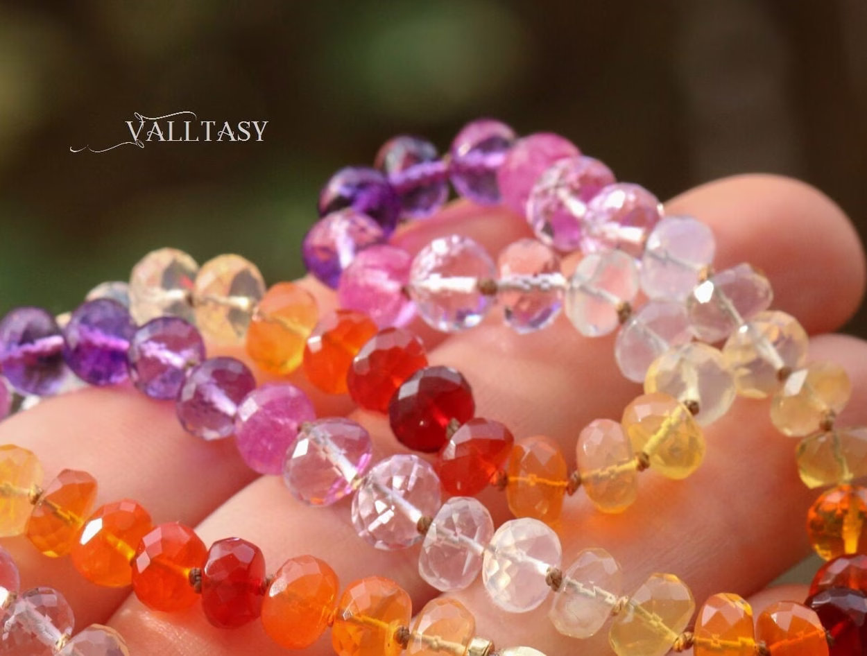 Solid Gold 14K Silk Knotted Mexican Fire Opal and Pink Sapphire Necklace with Diamonds