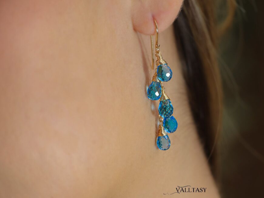 Solid Gold 14K Swiss Blue Topaz Earrings, Blue Gemstone Drop Earrings