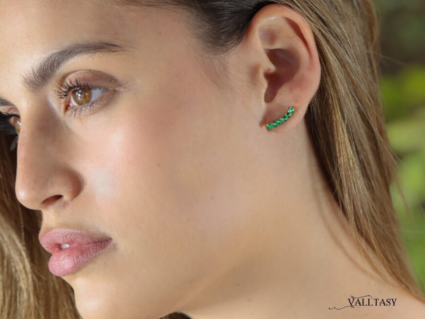 Solid Gold 14K Emerald Stud Earrings, Zambian Emerald Earrings, Crawler Earrings