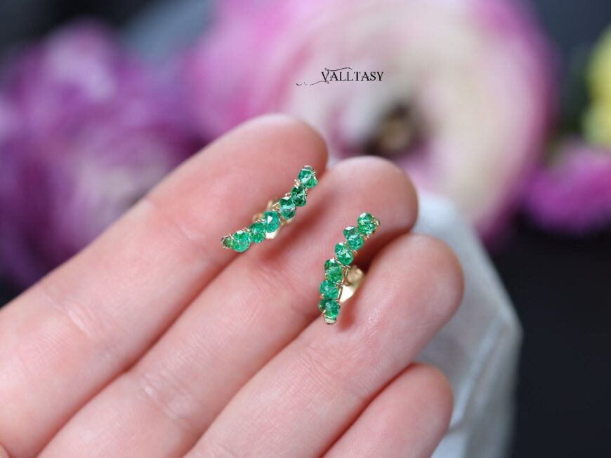 Solid Gold 14K Emerald Stud Earrings, Zambian Emerald Earrings, Crawler Earrings