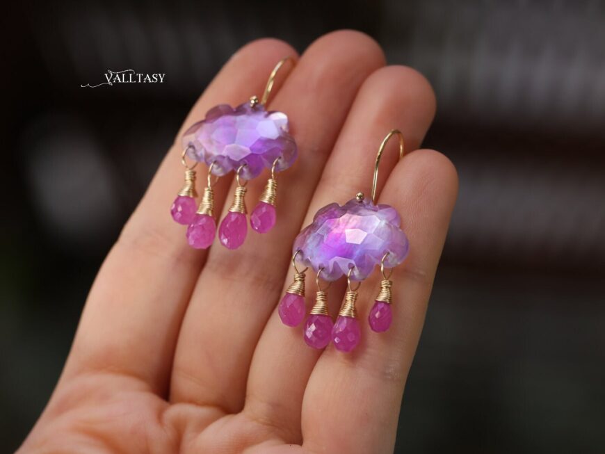 Solid Gold 14K Cloud Pink Amethyst and Sapphire Earrings, Unique Earrings Design