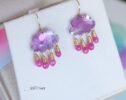 Solid Gold 14K Cloud Pink Amethyst and Sapphire Earrings, Unique Earrings Design