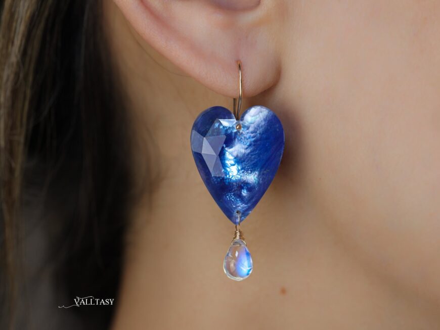 Solid Gold 14K Heart Moonstone Earrings, Unique Earrings Design