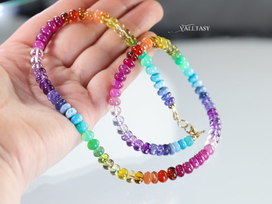 Solid Gold 14K Rainbow Gemstone Necklace, Multi Stone Colorful Beaded Necklace