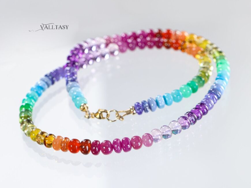 Solid Gold 14K Rainbow Gemstone Necklace, Multi Stone Colorful Beaded Necklace