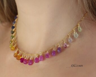 Solid Gold 14K Rainbow Multi Sapphire Necklace, Precious Gemstone Drop Necklace