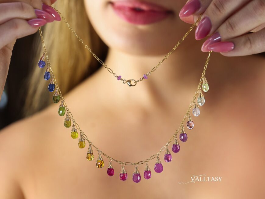 Solid Gold 14K Rainbow Multi Sapphire Necklace, Precious Gemstone Drop Necklace