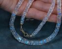 Solid Gold 14K Rainbow Moonstone Necklace, Blue Fire Heishi Moonstone Beaded Necklace