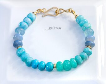 Solid Gold 14K Larimar and Turquoise Bracelet, Aqua Blue Gemstone Statement Bracelet