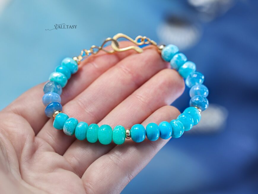 Solid Gold 14K Larimar and Turquoise Bracelet, Aqua Blue Gemstone Statement Bracelet