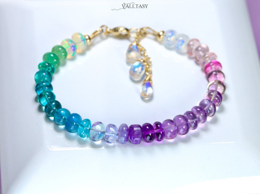 Solid Gold 14K Multi Gemstone Bracelet with Moonstones and Opals