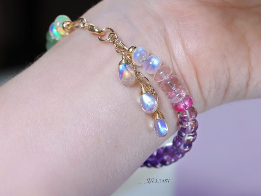 Solid Gold 14K Multi Gemstone Bracelet with Moonstones and Opals